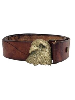 Vintage Solid Brass Eagle Buckle Tooled Leather Western Belt 30-35